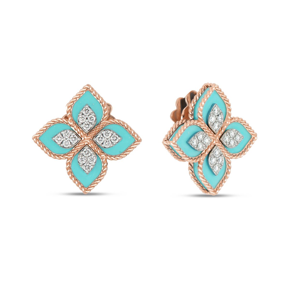 PRINCESS FLOWER EARRINGS WITH DIAMONDS AND TURQUOISE