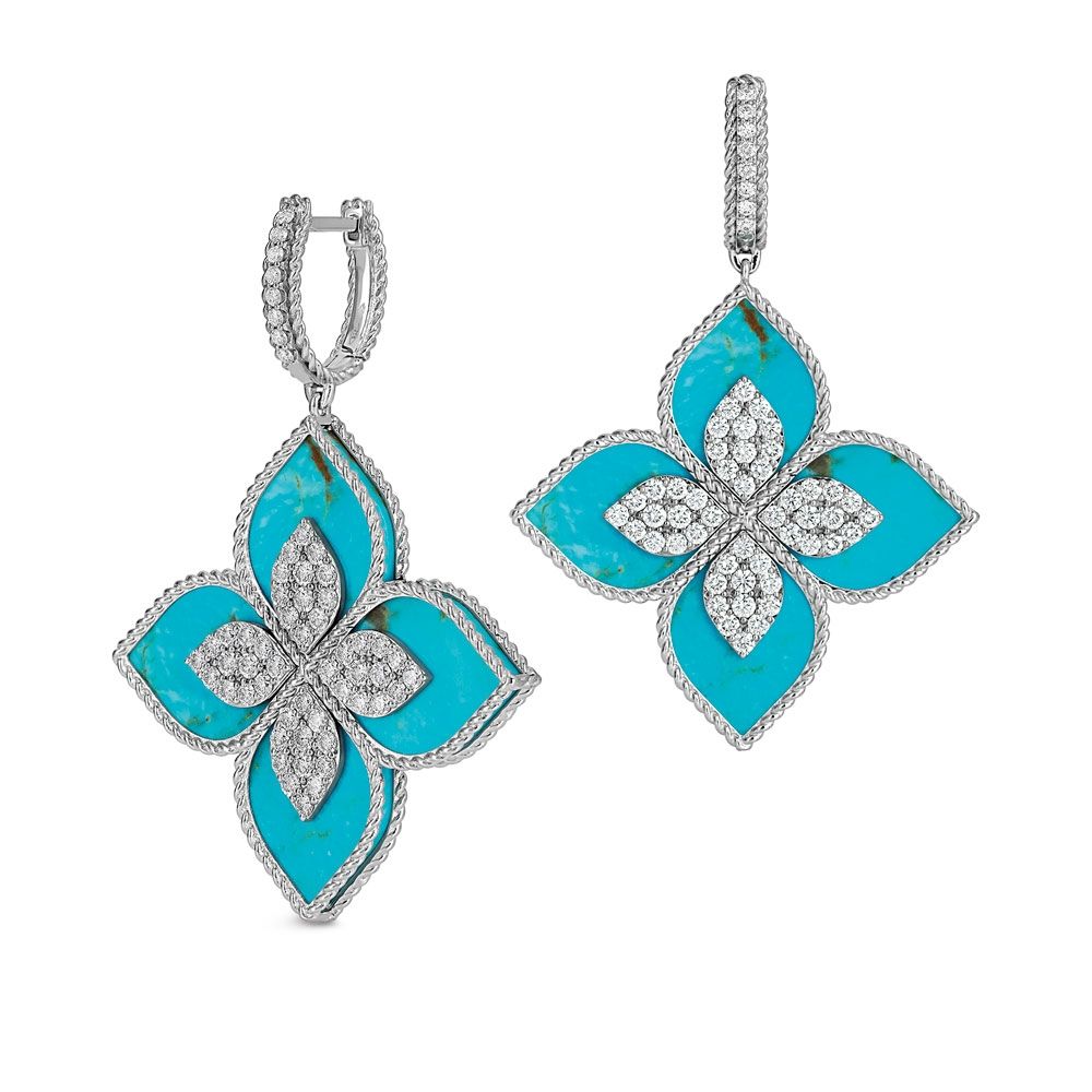 PRINCESS FLOWER EARRINGS WITH DIAMONDS AND TURQUOISE