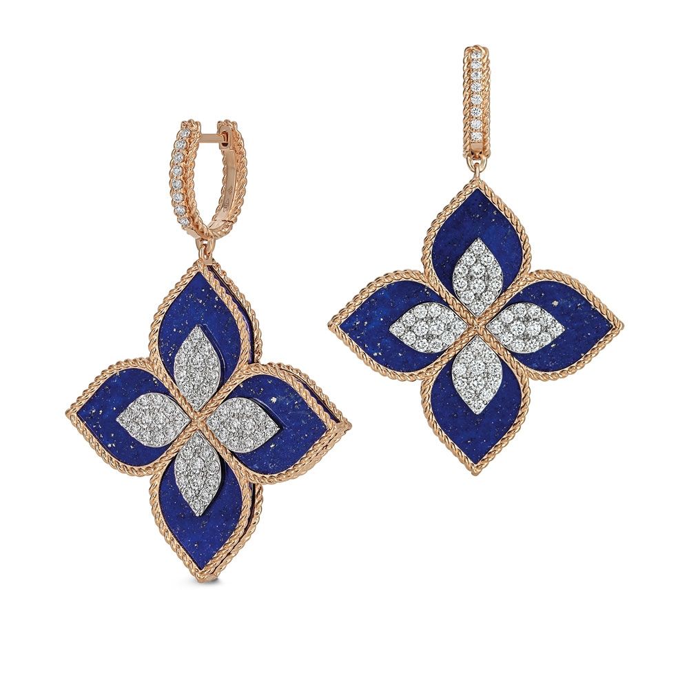 PRINCESS FLOWER EARRINGS WITH DIAMONDS AND LAPIS