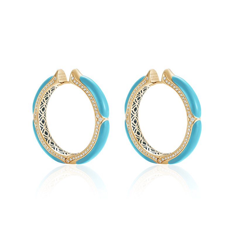 The-Nile-New+Edition-18+Karat-Yellow+Gold-White+Diamonds-Turquoise-Hoop+Earrings