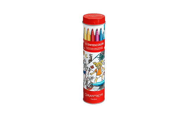 Metal tube 10 SWISSCOLOR standard Fibre-tipped Pens + Poster on the theme of Switzerland through
