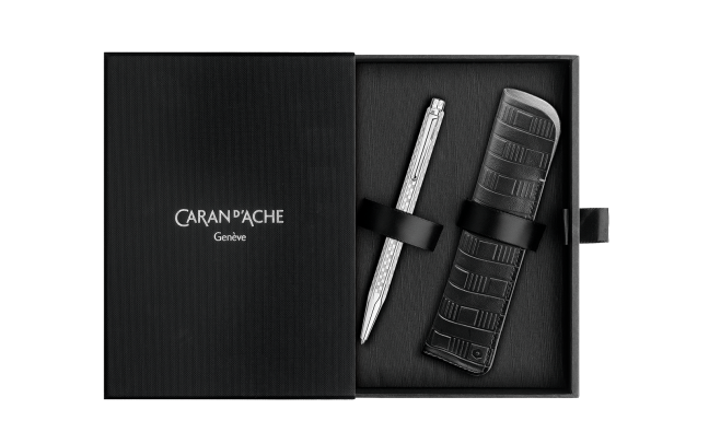 Set Ballpoint Pen Ecridor™ Damier Grey Silver & Black Leather Case